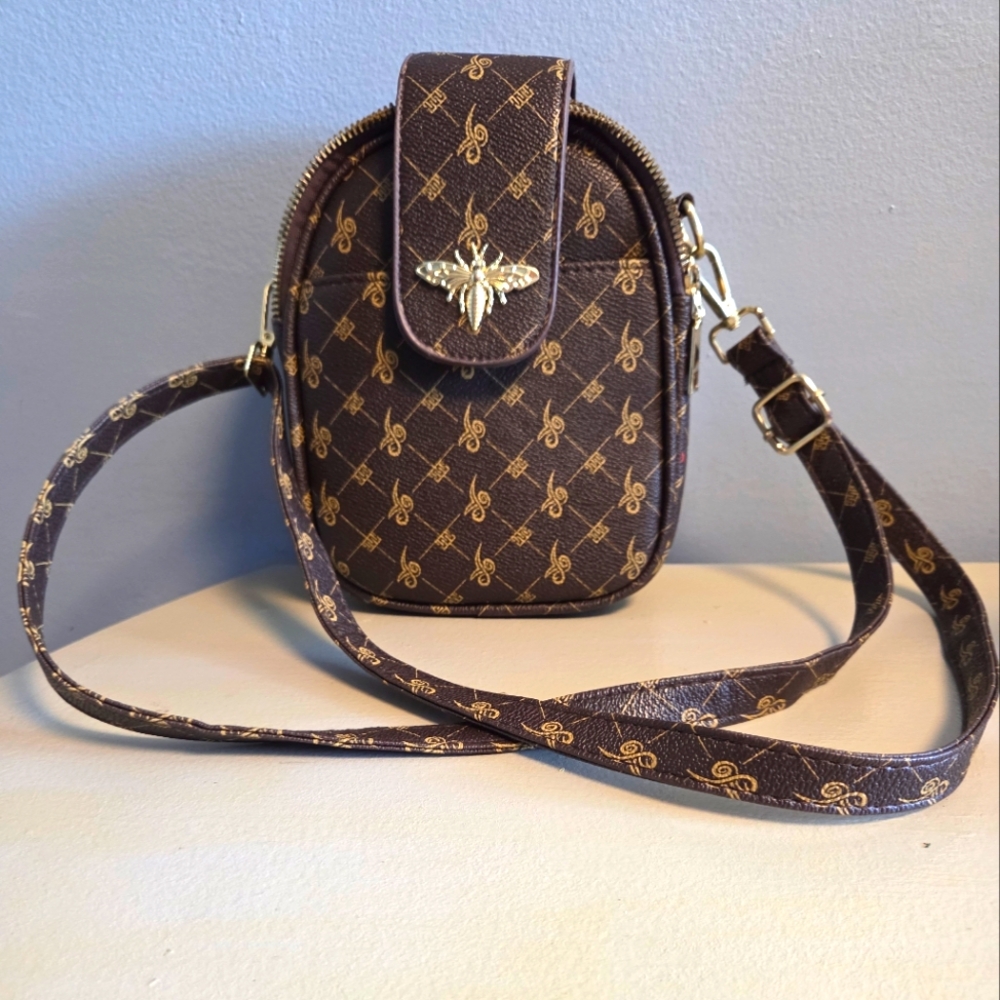 Brown Crossbody Bag with Gold Bee Pattern